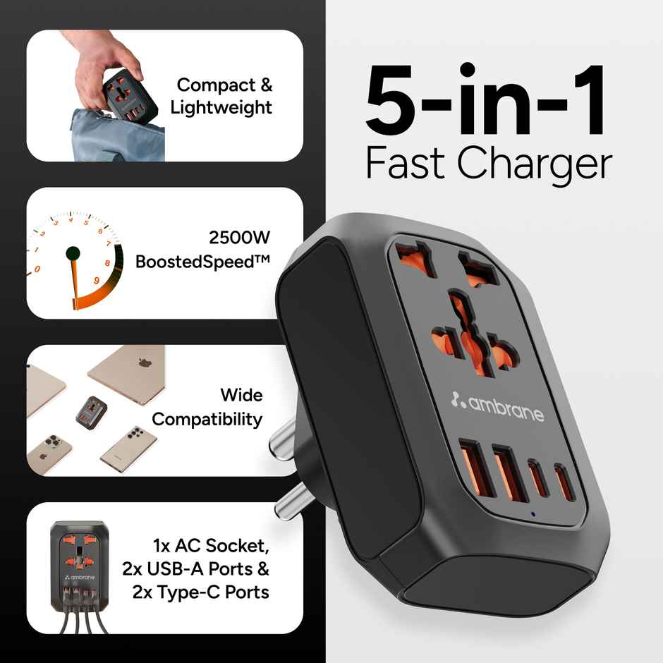 Ambrane 5 in 1 fasr charger Multi Charger device USB- A Ports & Type C ports AC socket | Black
