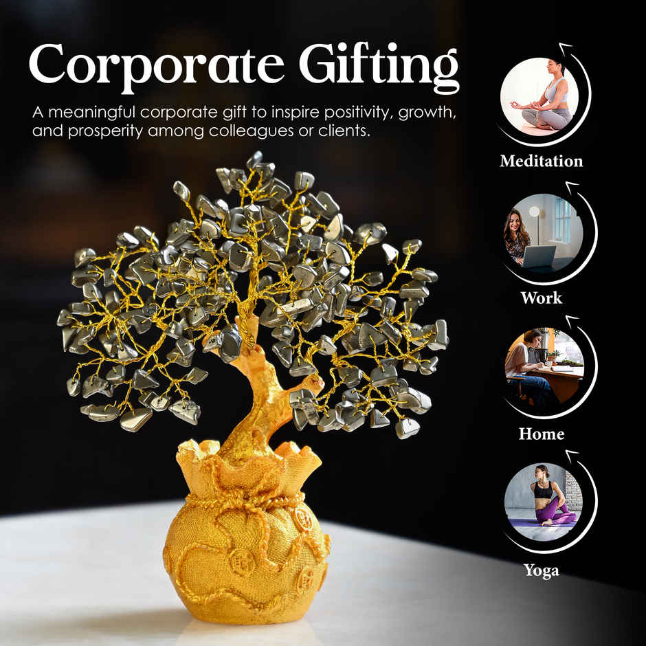 HINDCRAFT Pyrite Crystal Money Tree with Golden Potli Base for Spiritual Gift