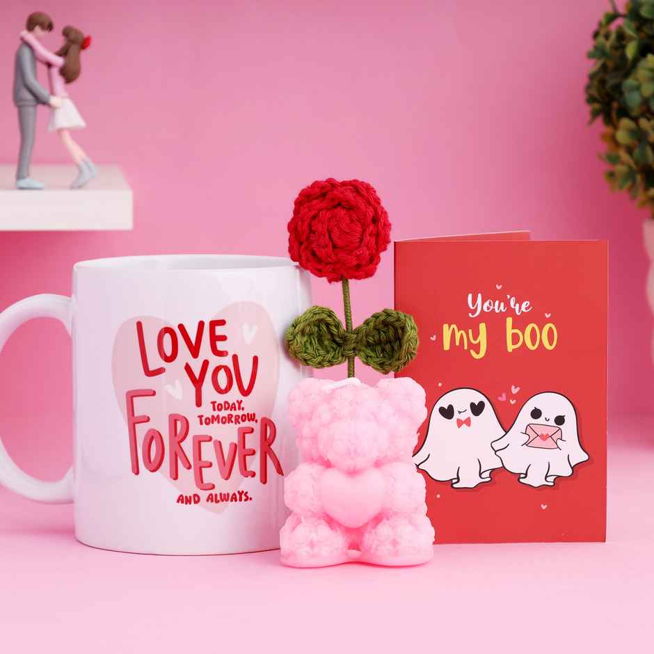 Forever Moments Mug Gift Hamper with Crochet Flower Magnet and Teddy Candle | Oye Happy
