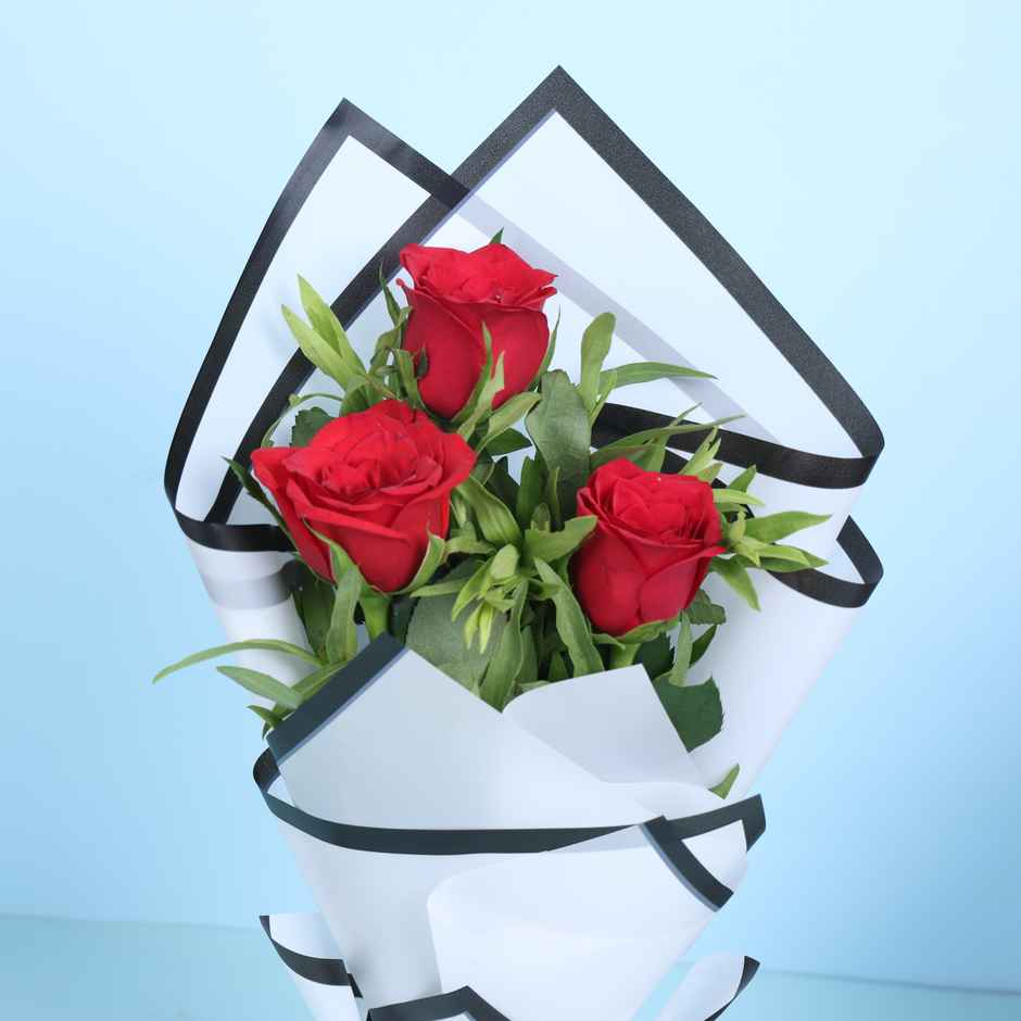 Floweraura Red Roses In White Paper (3pc) & Chocolate Mousse Cake (1pc) Combo