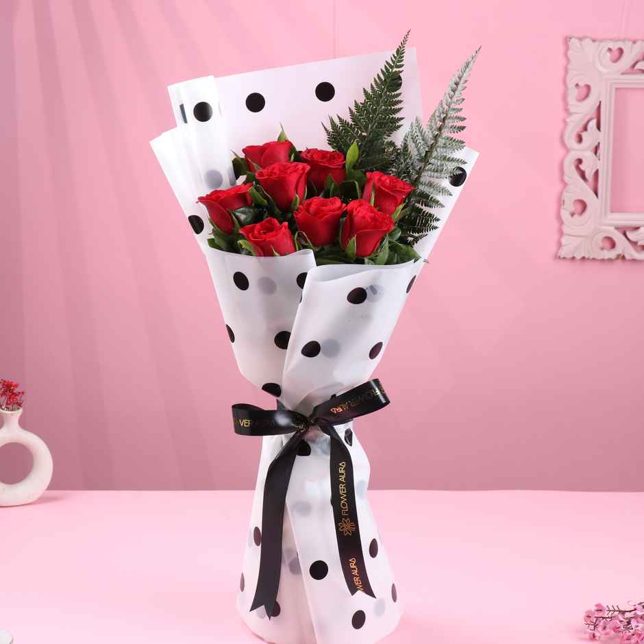 FlowerAura 8 Red Roses Bouquet in Polka Dot Wrap