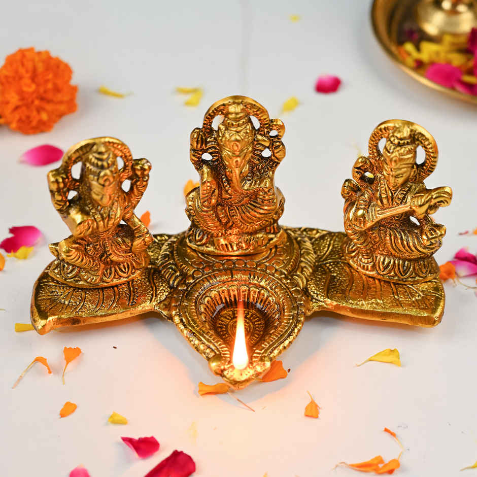 HINDCRAFT Laxmi Ganesh Saraswati Brass Diya | Diwali Decor & Pooja Gift for Home