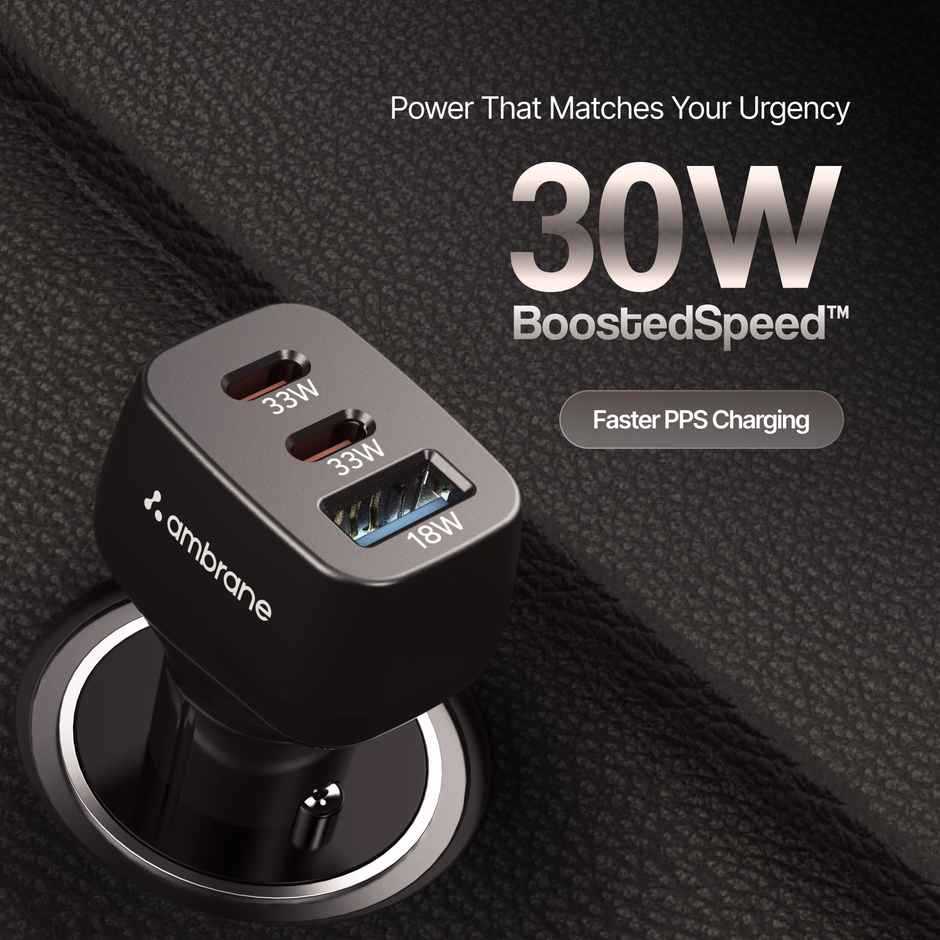 Ambrane 84W Triple Port Car Charger | 2 Type C 1 USB | 33W PD | Black