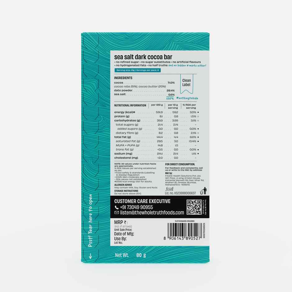 The Whole Truth Dark Cocoa Bar - Sea Salt | 80 g | Sweetened With dates