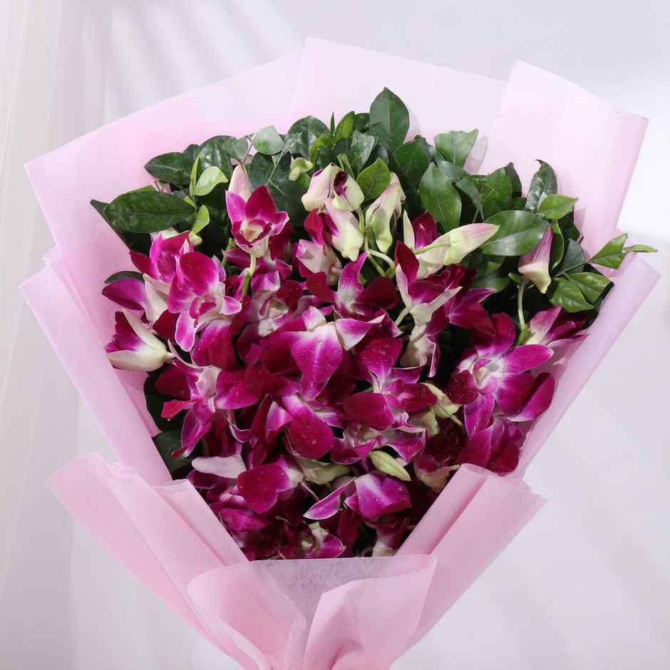 FlowerAura Purple Orchids Bouquet in Pink Wrap