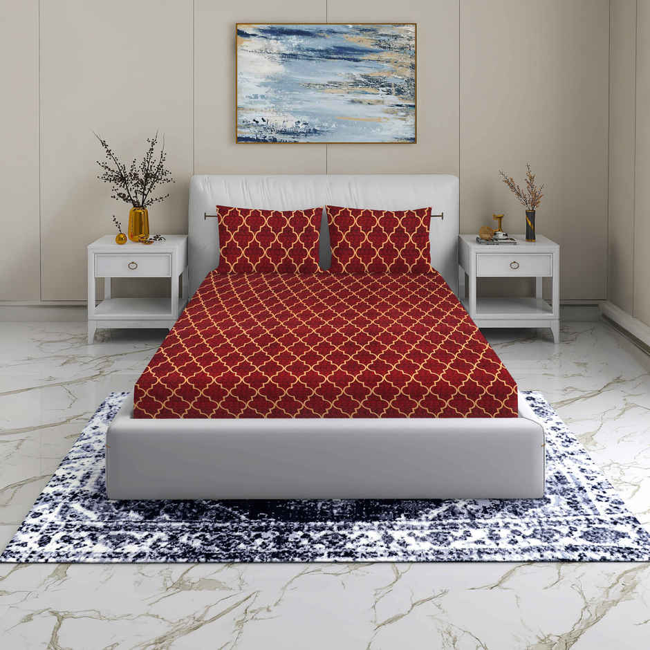 Homeharmony Double Ethnic Bedsheet with 2 Pillow Covers | Red & Yellow Pattern | 87 x 98 in