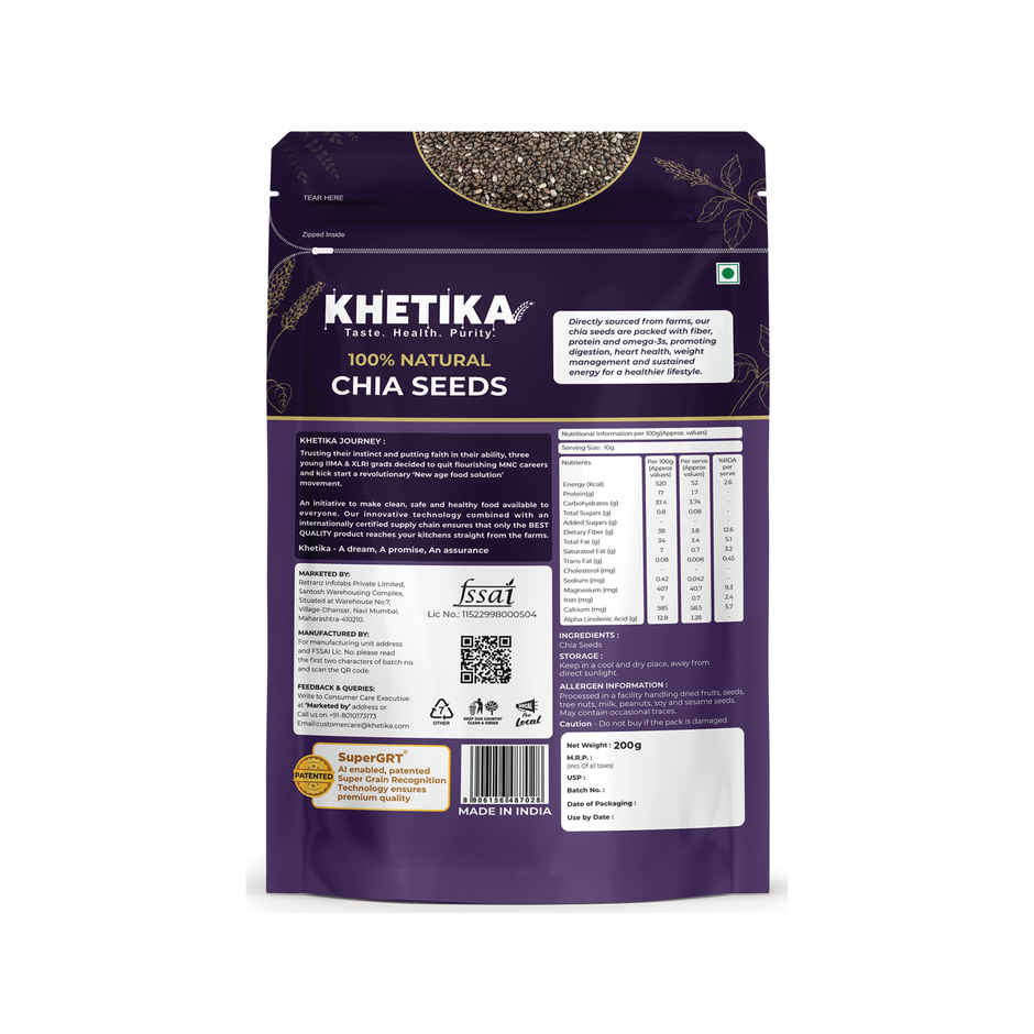 Khetika Premium Chia Seeds | High in Fibre | Rich in Omega-3