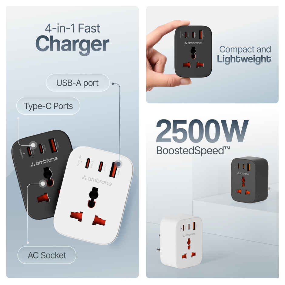 Ambrane X33 White 33W Fast Charger | 4-in-1 USB | 2 Type-C | AC Socket | 2500W Boost | White