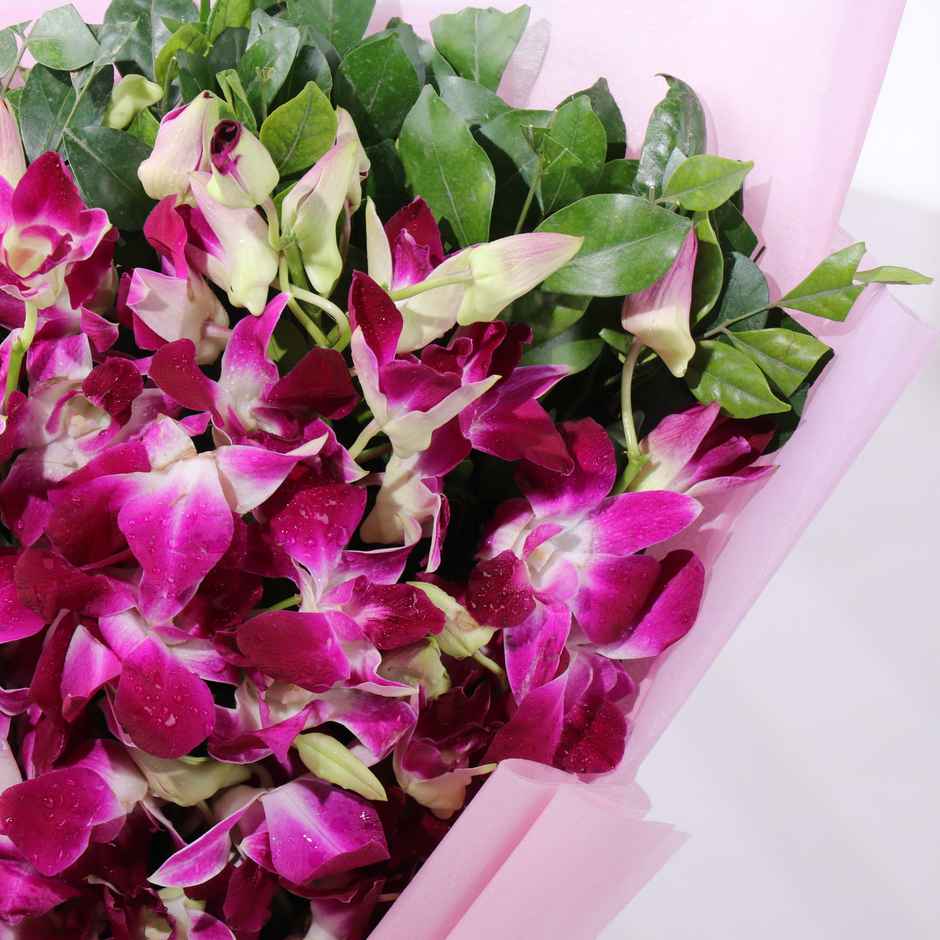 FlowerAura Purple Orchids Bouquet in Pink Wrap