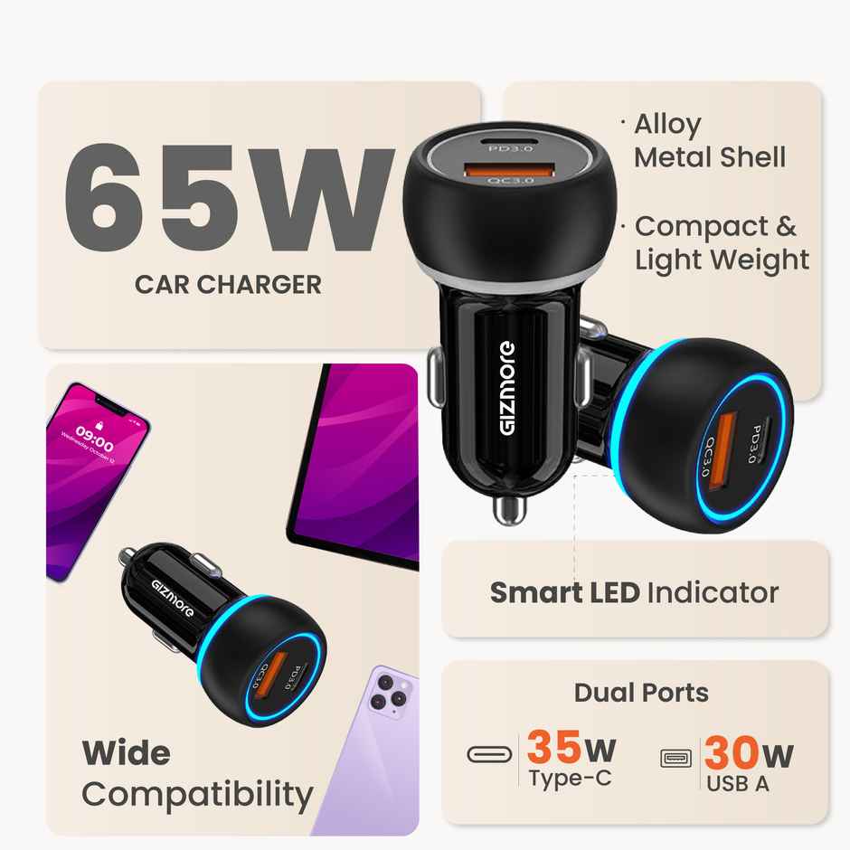 GIZMORE CC 706 CarBolt Max 65W Superfast Car Charger | PD 35W and QC 30W | Multi-Protocol