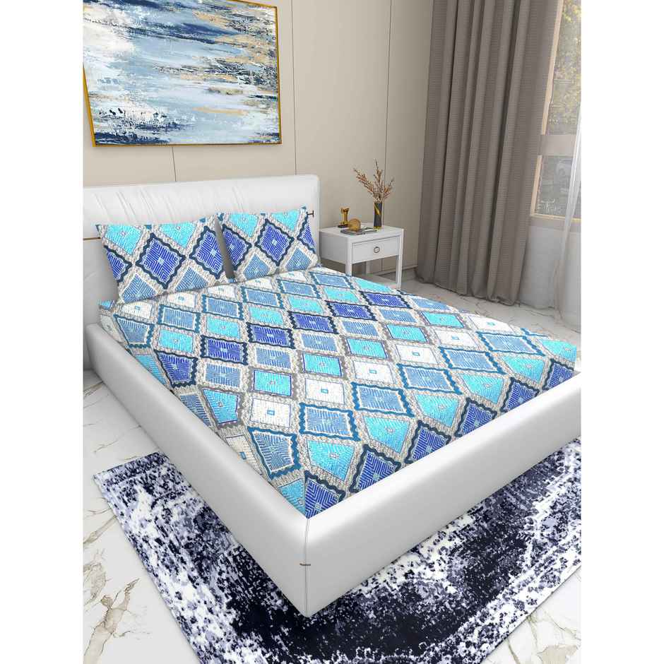Homeharmony Sky Blue Double Bedsheet With 2 Pillow Covers | Texture Floral | Sky Blue | 87 x 98 in
