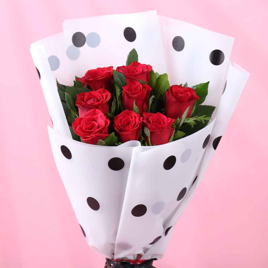 FlowerAura 8 Red Roses Bouquet in Polka Dot Wrap | Gifting
