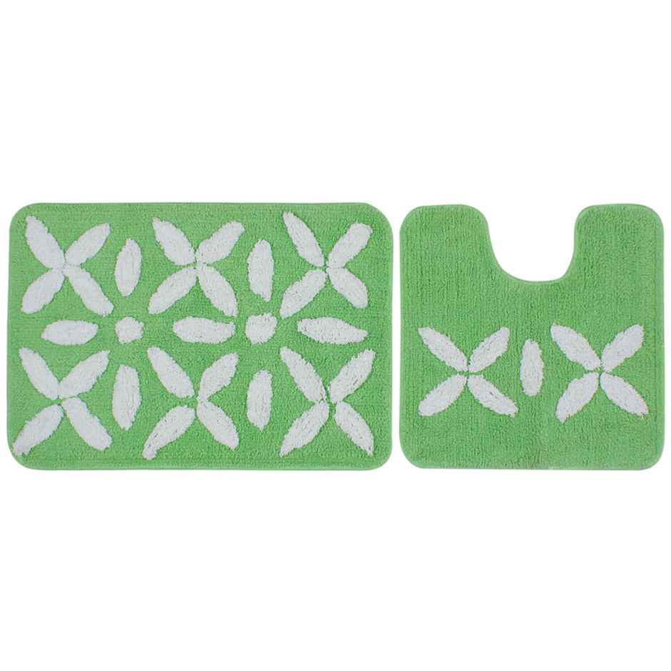 Saral Home Cotton Anti-Slip Bathmat & Contour Set | 40 x 60 & 40 x 45 cm | Green