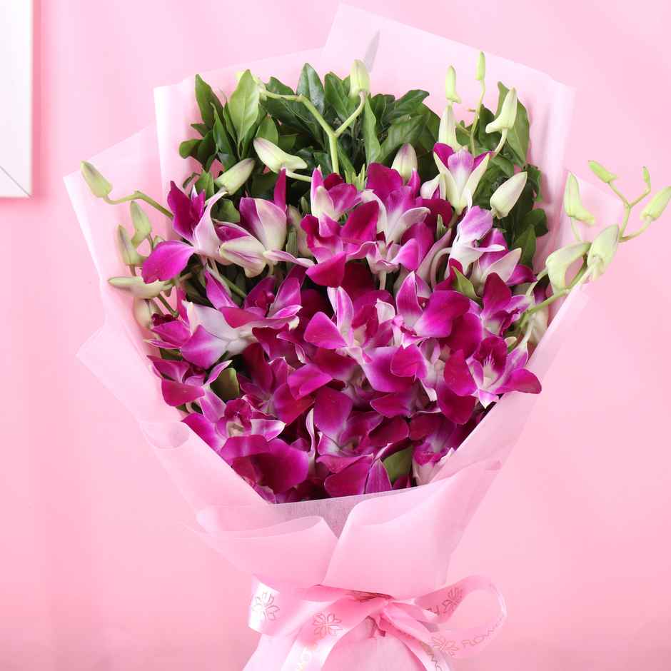 FlowerAura Purple Orchids Bouquet in Pink Wrap | Gifting