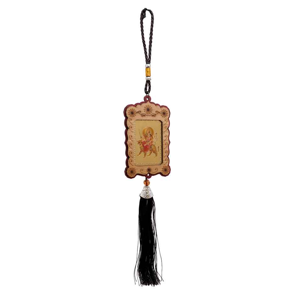 Divine Vibes Wooden Durga Ji Golden Car Dashboard Hanging