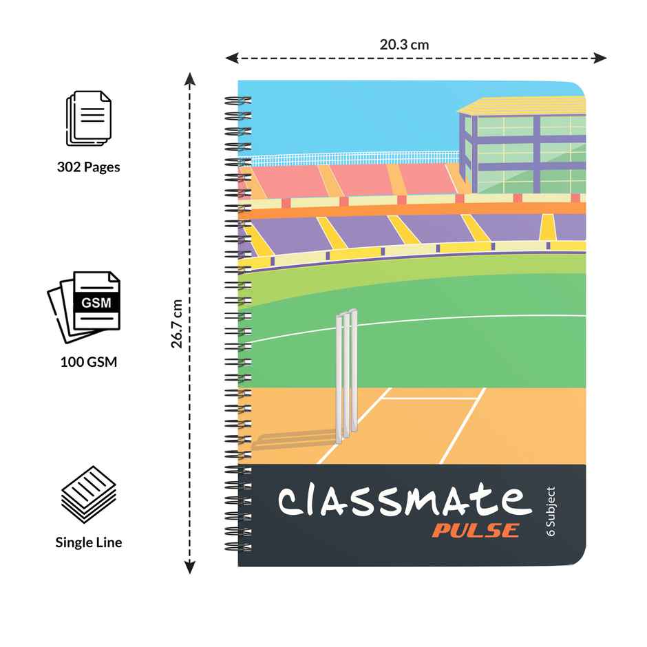 Classmate | Pulse | Spiral Notebook | 6 Sub | Single Line | 267 X 203 |302 Pages