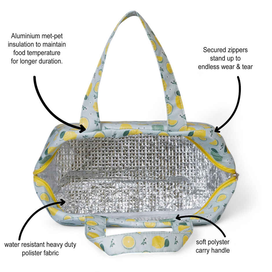 HOOM Lemon Print Lunch Bag with Met-PET Aluminium Insulation | Fresh and Warm for Longer