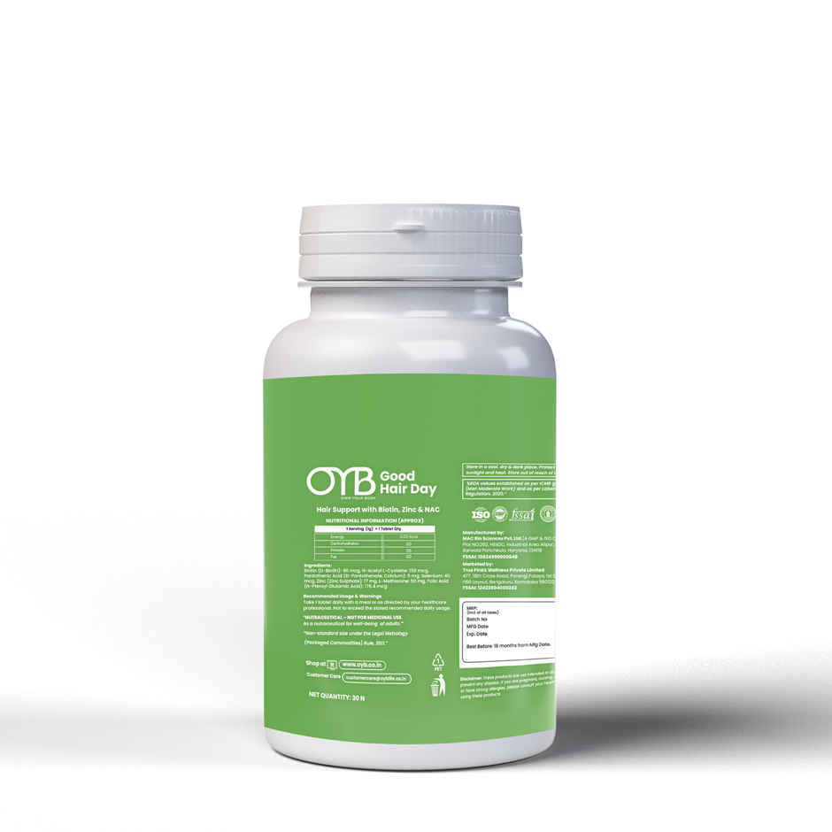 OYB Hair, Skin & Nail Support with Biotin, Zinc & NAC for Hair Growth