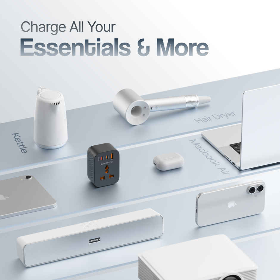 Ambrane X33 White 33W Fast Charger | 4-in-1 USB | 2 Type-C | AC Socket | 2500W Boost | White