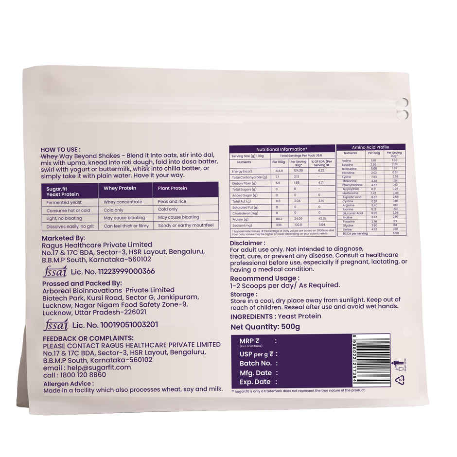 Sugar.fit Fermented Yeast Protein Unflavoured Vegan |24 g Protein