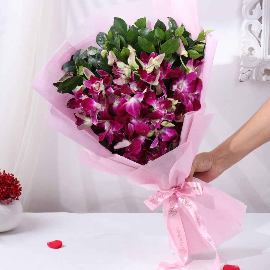 FlowerAura Purple Orchids Bouquet in Pink Wrap