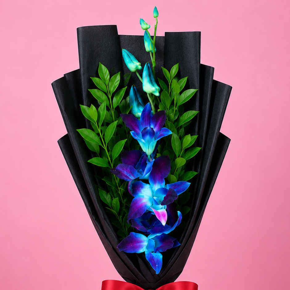 FlowerAura Single Blue Orchid in Black Paper | Gifting