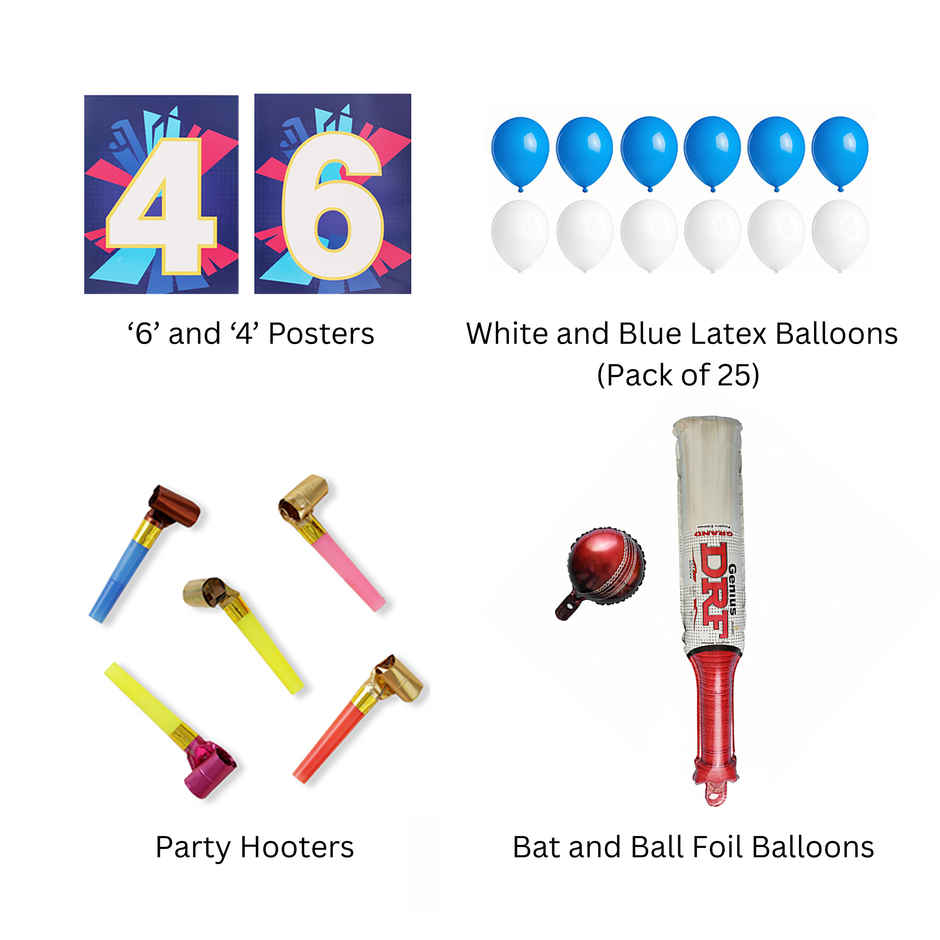 Cricket Match Party Decor Kit | 25 Balloons,Foil Bat & Ball, 4 & 6 Placards,Party Hooters | Propcon
