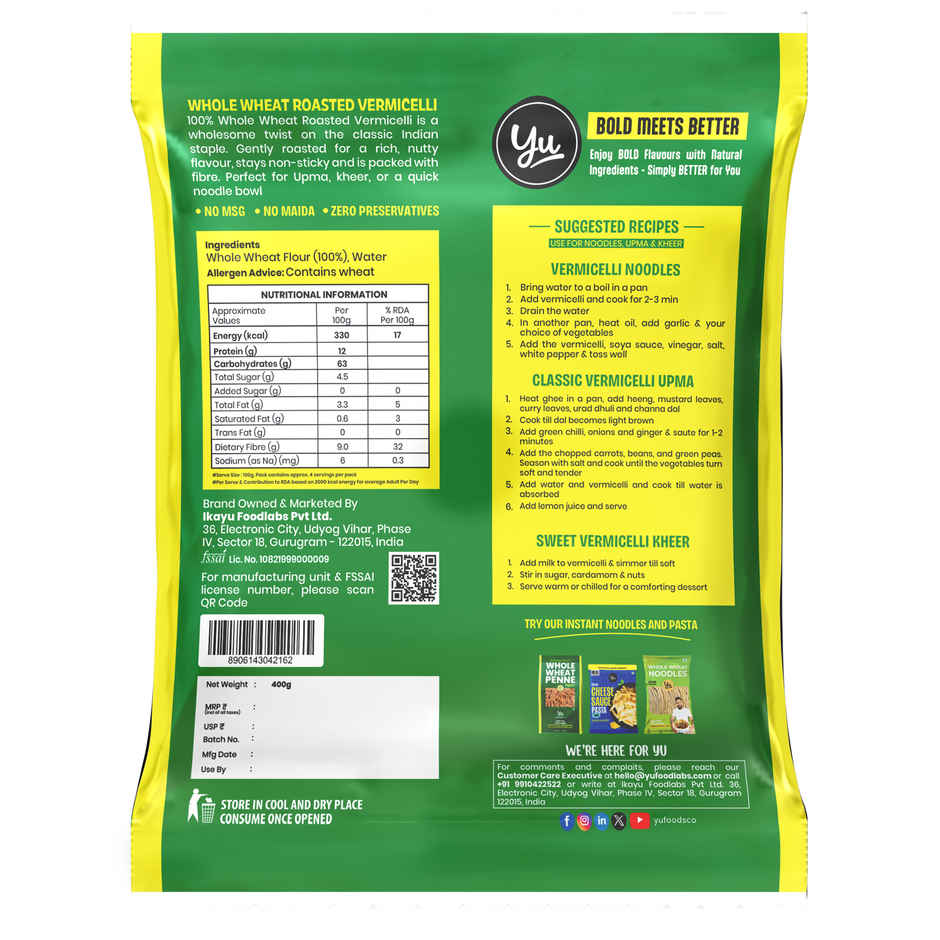 Yu Foods Whole Wheat Roasted Vermicelli