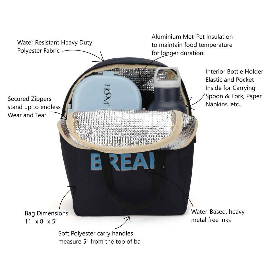 HOOM Metpet Aluminium Insulation Lunch Bag Solid Color with Quote | Blue- 8 L