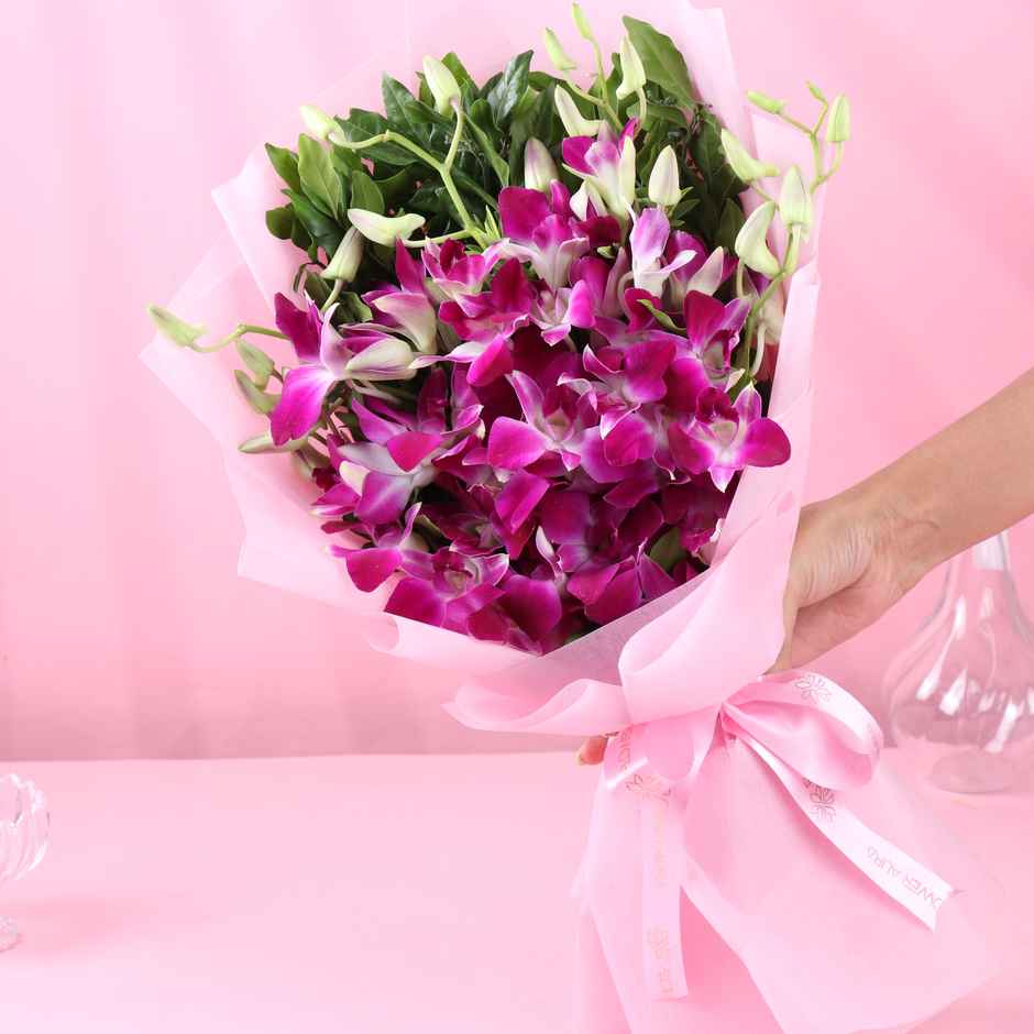 FlowerAura Purple Orchids Bouquet in Pink Wrap | Gifting