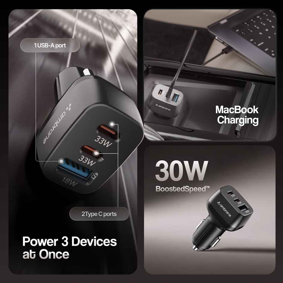 Ambrane 84W Triple Port Car Charger | 2 Type C 1 USB | 33W PD | Black