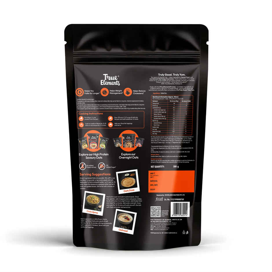 True Elements Rolled Oats | Wholegrain High Fibre High protein Oats | Keeps You Fuller Longer