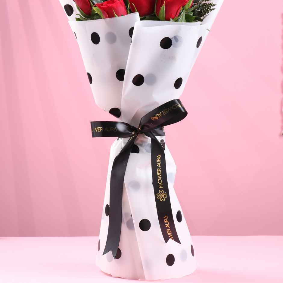 FlowerAura 8 Red Roses Bouquet in Polka Dot Wrap