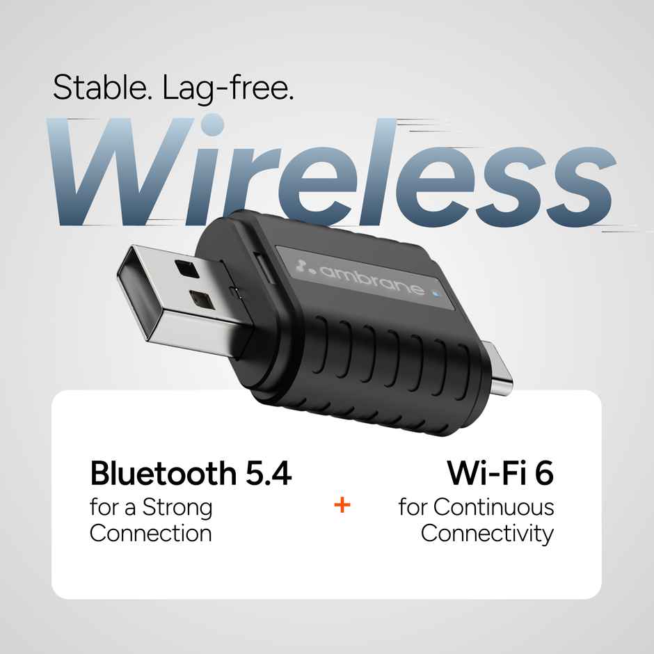 Ambrane 2 -in -1 Wireless Carplay Receiver Android Auto/ USB A /Type C Car Link | Black