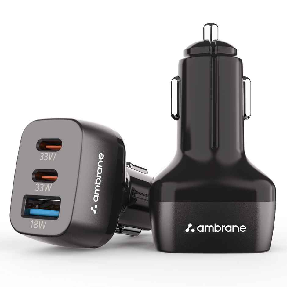Ambrane 84W Triple Port Car Charger | 2 Type C 1 USB | 33W PD | Black