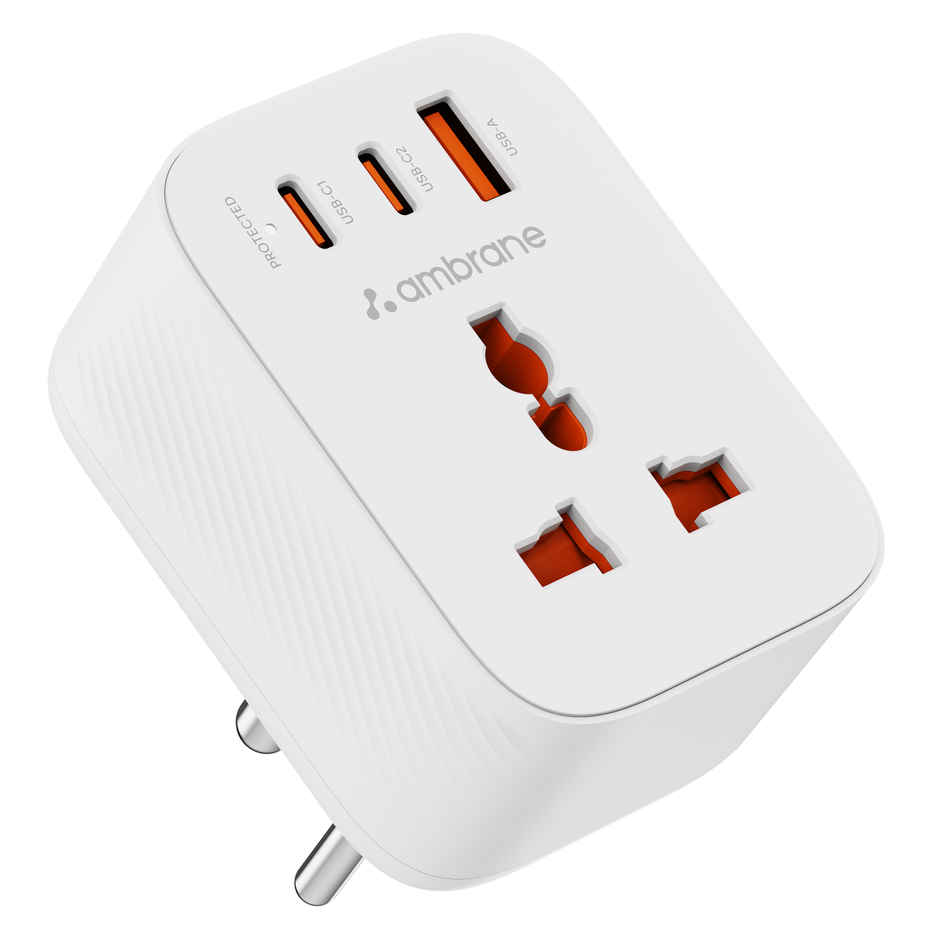 Ambrane X33 White 33W Fast Charger | 4-in-1 USB | 2 Type-C | AC Socket | 2500W Boost | White
