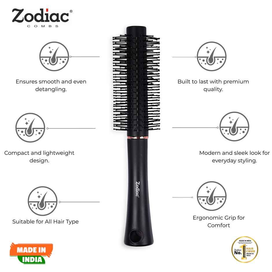 Zodiac Swiss Round Hair Brush | Black Matt