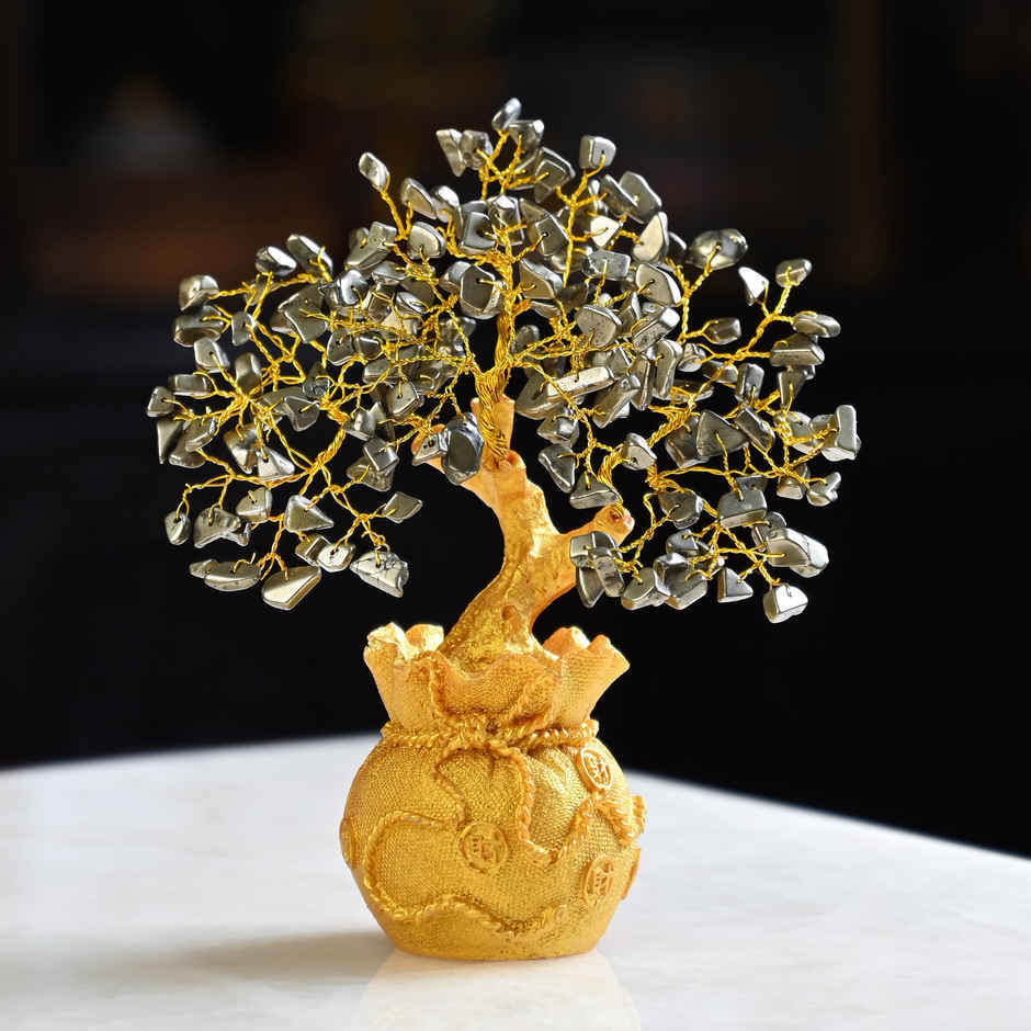 HINDCRAFT Pyrite Crystal Money Tree with Golden Potli Base for Spiritual Gift