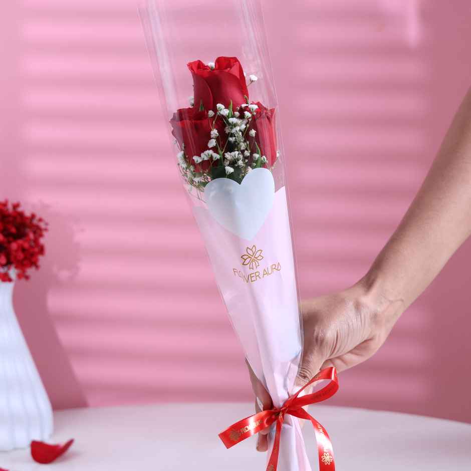 Durex Extra Time Condom (10pc) & Skore Lubes - Cherry Flavour (50ml) & Floweraura 3 Red Roses In Sleeve (1pc) Combo