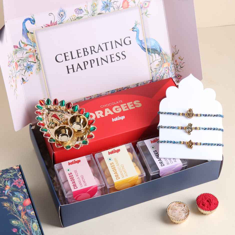 FlowerAura Rakhi Joy Dragees, Rakhi Set, and Om Thal - Complete Celebration