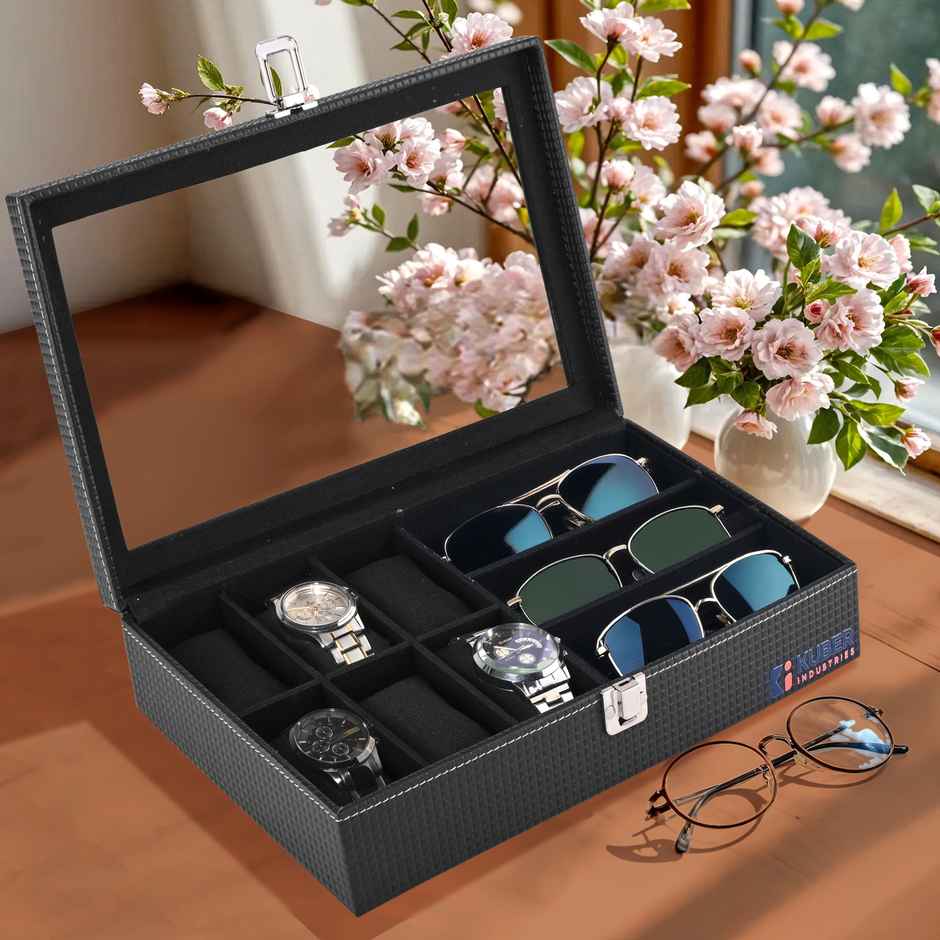 Kuber Industries Premium Faux Leather 6+3 Slots Watch Organizer | Sunglasses& Watch Storage | Black