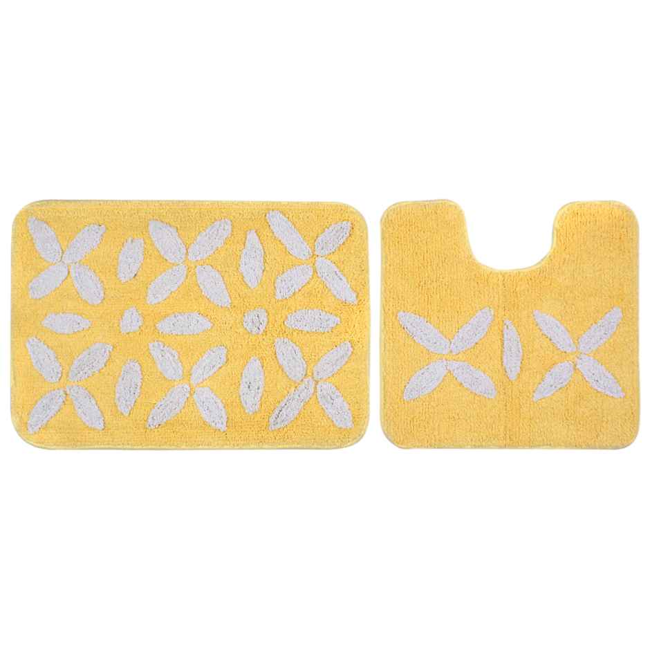Saral Home Cotton Anti-Slip Bathmat & Contour Set | 40 x 60 & 40 x 45 cm | Yellow