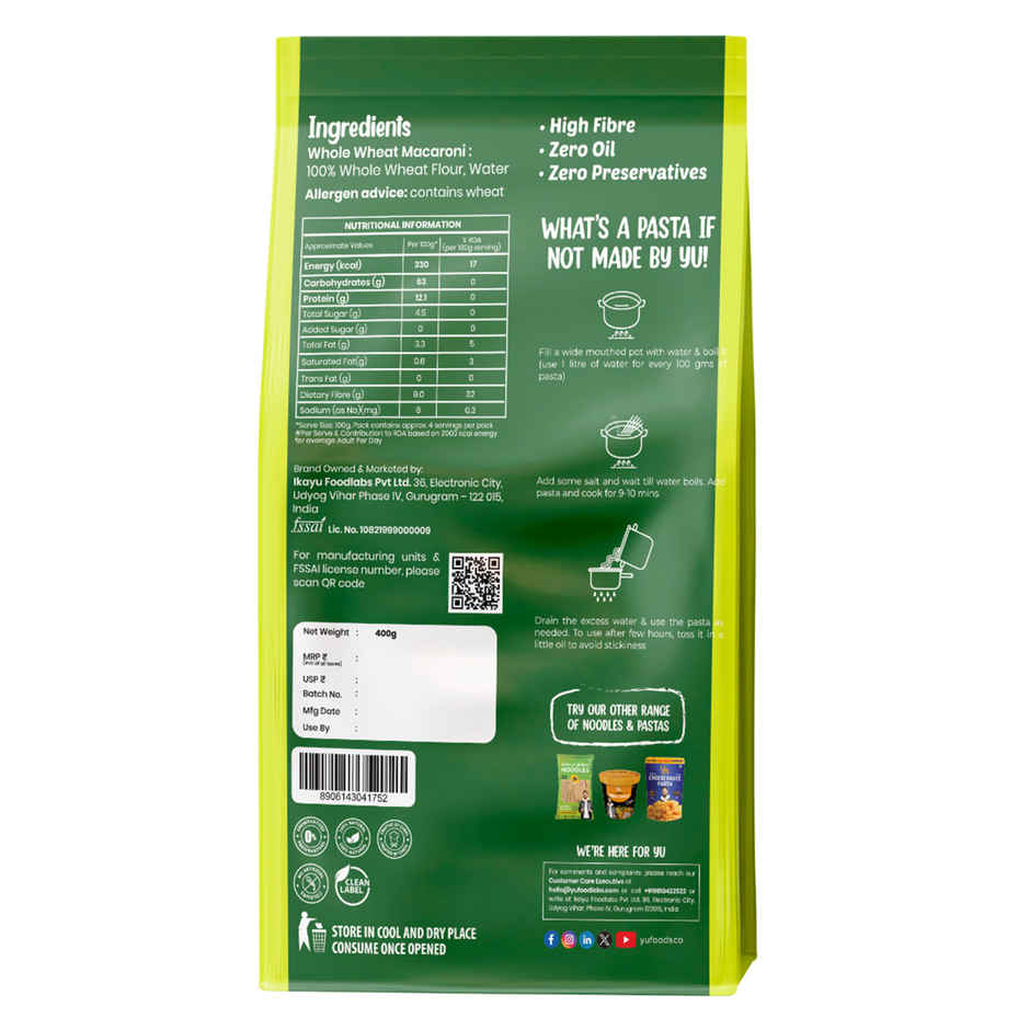 Yu 100% Whole Wheat Elbow Macaroni Pasta