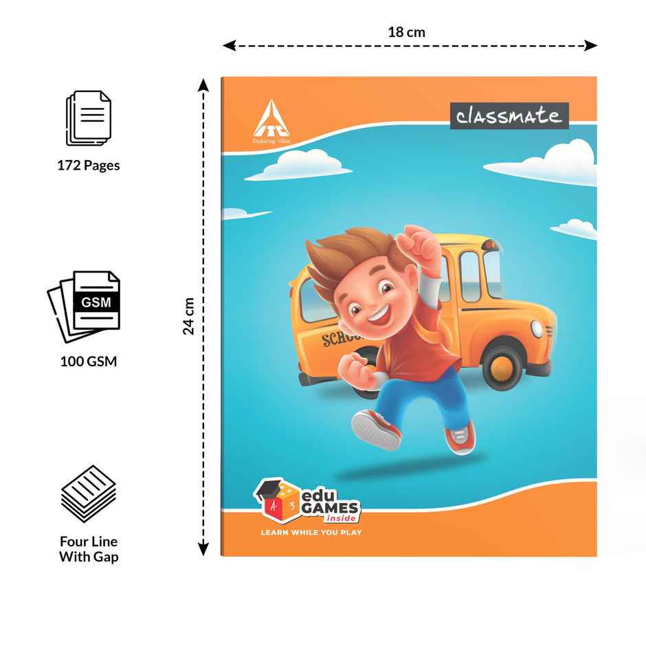 Classmate|Notebook|Soft Cover| | Four lines with gap| B5| 240 x 180|172 pages