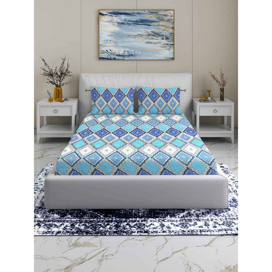 Homeharmony Sky Blue Double Bedsheet With 2 Pillow Covers | Texture Floral | Sky Blue | 87 x 98 in