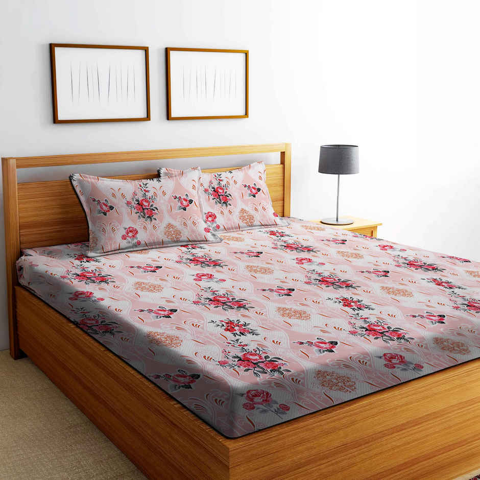 Dream Living Double Microspread Floral 135 Gsm Bedsheet | With 2 Pillow Covers | Beige | 94x87in