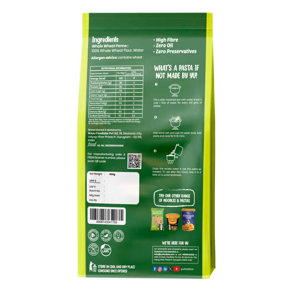 Yu 100% Whole Wheat Penne Pasta