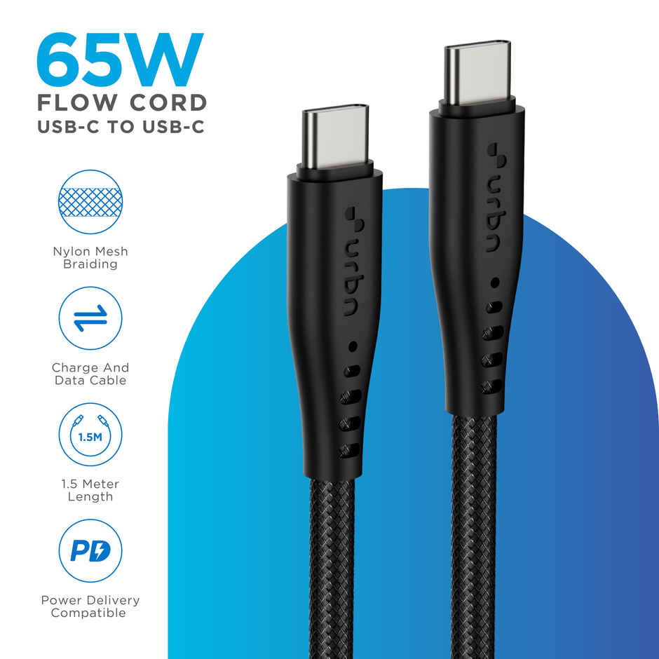 URBN Flow Cord 65W Type-C to C Fast Charging Cable | CarPlay & Android Auto | 1.5m | Black