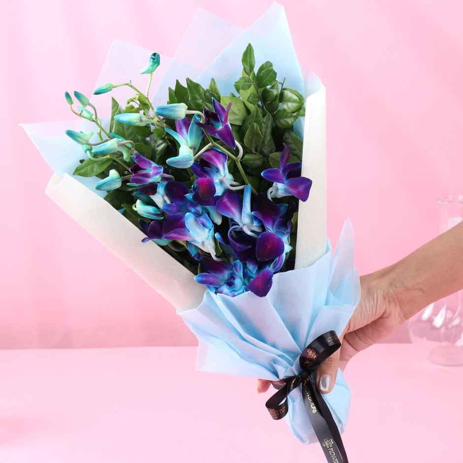 FlowerAura 3 Blue Orchids Bouquet in Blue Non-Woven Paper | Gifting