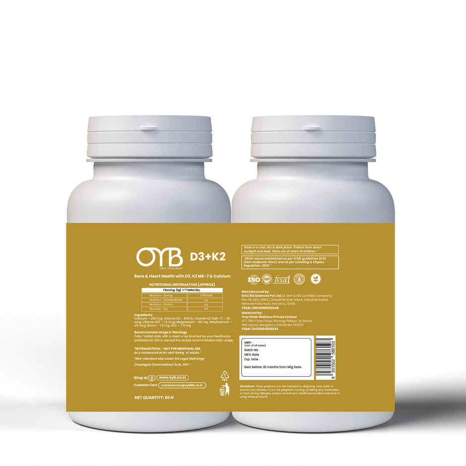 OYB D3 + K2 for Bone & Heart Health with D3, K2 MK-7 & Calcium
